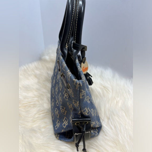 Dooney & Bourke Monogram Denim Crossbody/ Mini Satchel Leather Trim & Tassels - Picture 4 of 17